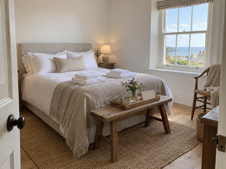 A holiday-cottage bedroom made ready for guests: fresh white linen, folded towels, a tray with two mugs and wild flowers on a bench at the foot of the bed, the sea through the window.