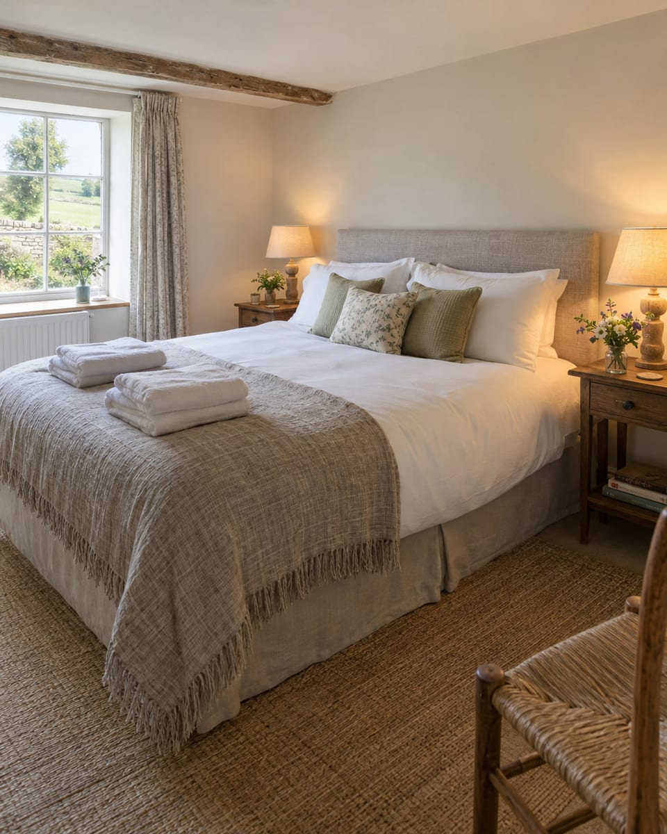 A small bedroom set up simply: a made bed with a knitted throw and folded towels, lamps on two bedside tables, a rush-seated chair.