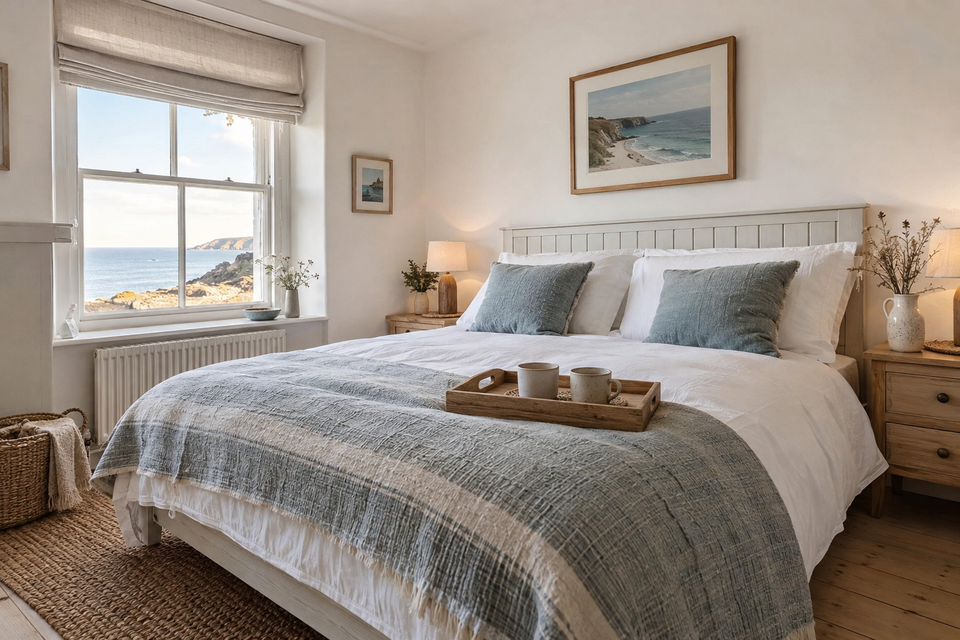 A holiday-let bedroom made up for its photographs, a tray with two cups on the bed and the sea through the window.